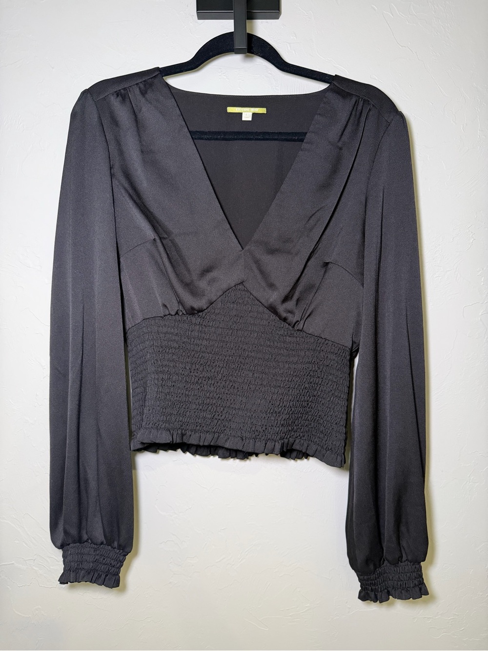 Gianni Bini Black V-Neck Smocked-Waist Long Sleeve Blouse